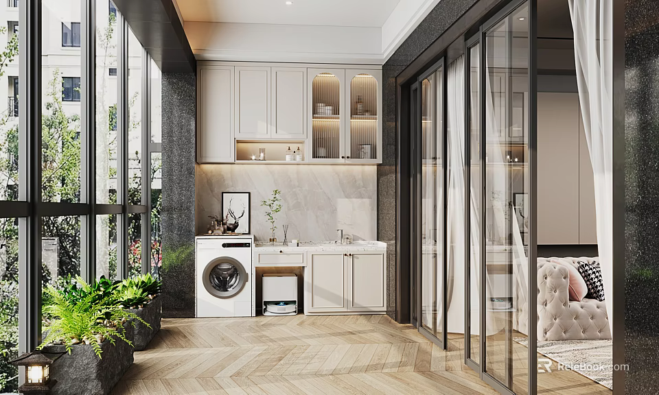 Modern Home Balcony Design With Washing Machine Cabinets Green Plants Glass Doors And Wooden Floor 3d model 