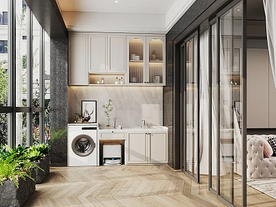 Modern Home Balcony Design With Washing Machine Cabinets Green Plants Glass Doors And Wooden Floor 3d model