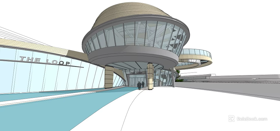 Modern Sales Office Building with Circular Dome Glass Curtain Wall Open Entrance Water Feature 3d model 