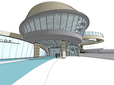 Modern Sales Office Building with Circular Dome Glass Curtain Wall Open Entrance Water Feature 3d model