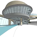 Modern Sales Office Building with Circular Dome Glass Curtain Wall Open Entrance Water Feature