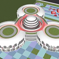 Modern School Building Featuring Circular Roofs Colorful Ground Greenery Near High Rise Buildings And Roads