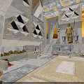 Ancient Temple Interior With Stone Carved Walls Marble Floor Central Statue And Flower Planters