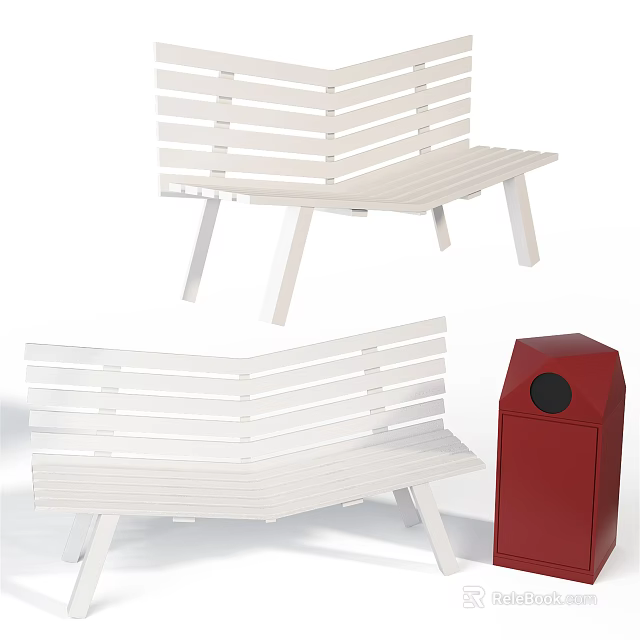 White Outdoor Slatted Bench With Red Trash Bin For Garden Seating Area 3d model