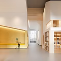 Modern Interior Design With Reception Desk Wooden Bookshelves And Geometric Structures