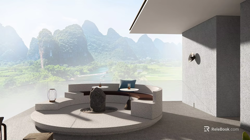 Modern Roof Garden With Circular Seating Stone Feature And Mountain River View 3d model 