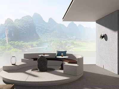 Modern Roof Garden With Circular Seating Stone Feature And Mountain River View 3d model