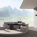 Modern Roof Garden With Circular Seating Stone Feature And Mountain River View