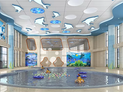 Indoor Kids Swimming Pool With Colorful Balls Float Toys Fish Ceiling Decorations And Mural 3d model