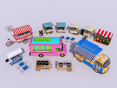 Colorful Garden Decorative Ornaments With Food Carts Ice Cream Truck And Market Stalls 3d model