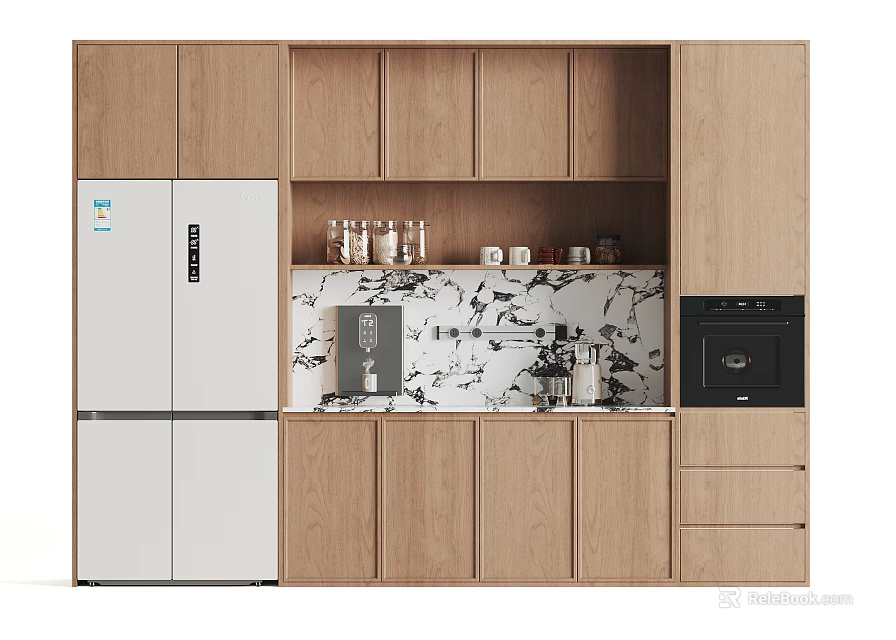 Modern Wooden Sideboard With White Refrigerator Cabinets And Black Patterned Backsplash 3d model