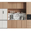Modern Wooden Sideboard With White Refrigerator Cabinets And Black Patterned Backsplash 3d model