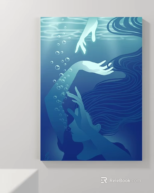 Blue Underwater Landscape Painting With Female Silhouette Flowing Hair And Bubbles 3d model 