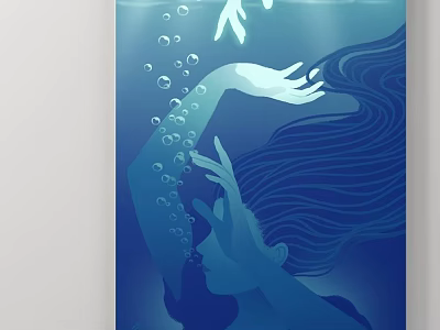 Blue Underwater Landscape Painting With Female Silhouette Flowing Hair And Bubbles 3d model