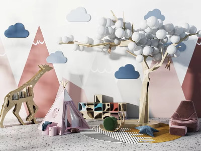 Pink Kids Tent In Playroom With Wooden Ball Tree Giraffe Cloud Wall And Triangular Decor 3d model