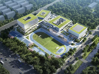 School Playground with Green Lawn Track and Modern Buildings Surrounded by Trees 3d model