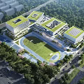 School Playground with Green Lawn Track and Modern Buildings Surrounded by Trees