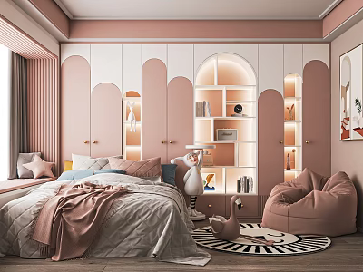 Pink Kids Room Interior Design With Bed Arched Bookshelf Bean Bag Chair And Soft Lighting 3d model