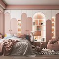 Pink Kids Room Interior Design With Bed Arched Bookshelf Bean Bag Chair And Soft Lighting