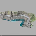 Realistic 3D Terrain Model Featuring Crater Blue Water Mountains and Green Areas