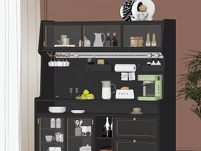 Modern Black Sideboard With Hanging Glasses Coffee Machine Toaster Fruits And Storage Cabinets 3d model