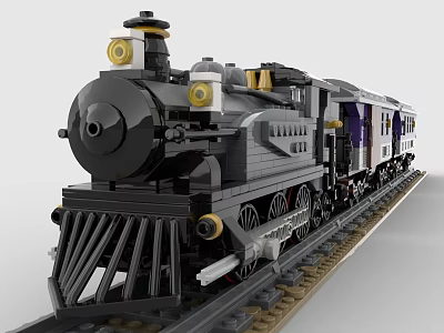 Building Blocks Steam Train With Black Gray Body Yellow Headlights Purple White Carriages On Tracks 3d model