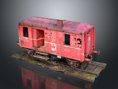 Old Red Rusty Train Carriage With Worn Body And Metal Wheels On Display Track 3d model