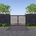 Modern Entrance Gate With Metal Slatted Design Black Stone Walls Green Plants Checkerboard Pathway