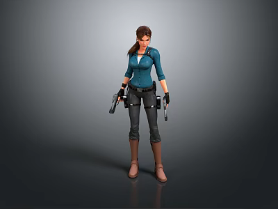 Action Game Movie Character In Blue Top Black Pants With Dual Guns And Ponytail 3d model