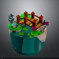 Miniature Landscape Scene With Red Bridge Pagoda Water Lily Pads And Flowers