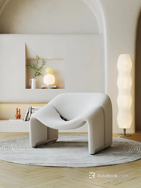 Modern Light Gray Accent Chair With Bouclé Fabric And Floor Lamp In Cozy Niche Room 3d model 