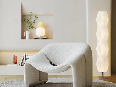 Modern Light Gray Accent Chair With Bouclé Fabric And Floor Lamp In Cozy Niche Room 3d model