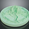 Light Green 3D Miniature City Landscape With Castle Mountains And Roads On Circular Base