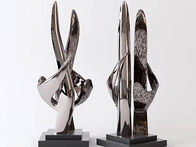 Modern Metallic Abstract Ornament Sculpture Set with Shiny Curved Design and Black Base 3d model