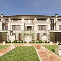 Elegant Traditional Townhouse Exterior With Stone Facade Dark Roof Courtyard Greenery And Outdoor Lighting