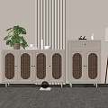Entryway Cabinet And Side Cabinet With Rattan Doors Light Colored Wall Potted Plant Floor Lamp