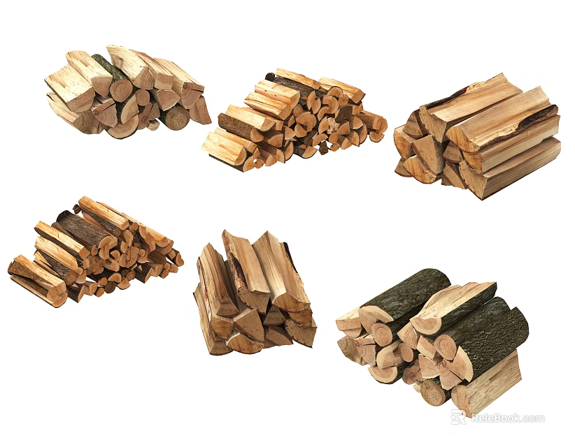 Six Piles Of Neatly Stacked Wood Logs With Different Shapes And Sizes 3d model 