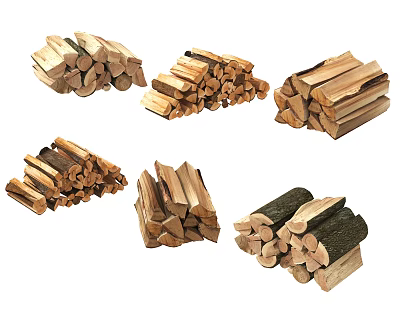 Six Piles Of Neatly Stacked Wood Logs With Different Shapes And Sizes 3d model