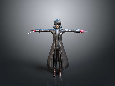 Stylish Dark Hair Anime Figure With Long Coat And Outstretched Arms Holding Blades 3d model