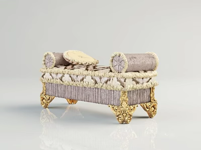 Elegant Footstool With Gold Carved Legs And Purple Upholstery Decorative Cushions 3d model