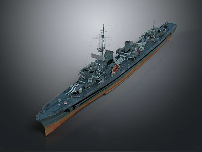 3D Rendered Naval Warship Model Featuring Detailed Deck Turrets Masts Blue Hull And Brown Bottom 3d model