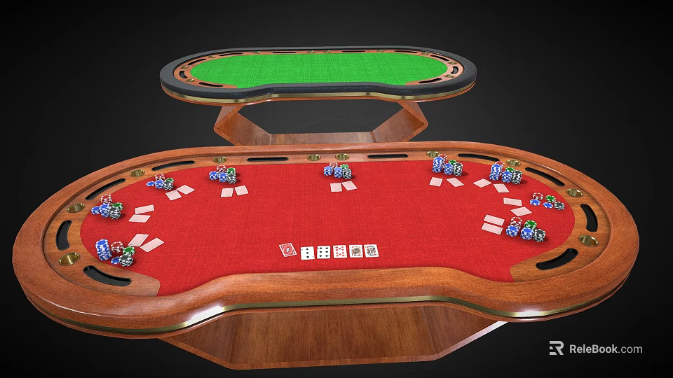 Poker Entertainment Table With Red Green Felt Surfaces Wooden Frame Chips And Dice 3d model 