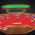 Poker Entertainment Table With Red Green Felt Surfaces Wooden Frame Chips And Dice
