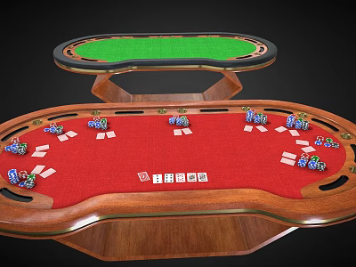 Poker Entertainment Table With Red Green Felt Surfaces Wooden Frame Chips And Dice 3d model