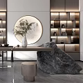 Modern Tea Room Interior Design With Shelves Tea Sets Circular Painting And Stone Decor