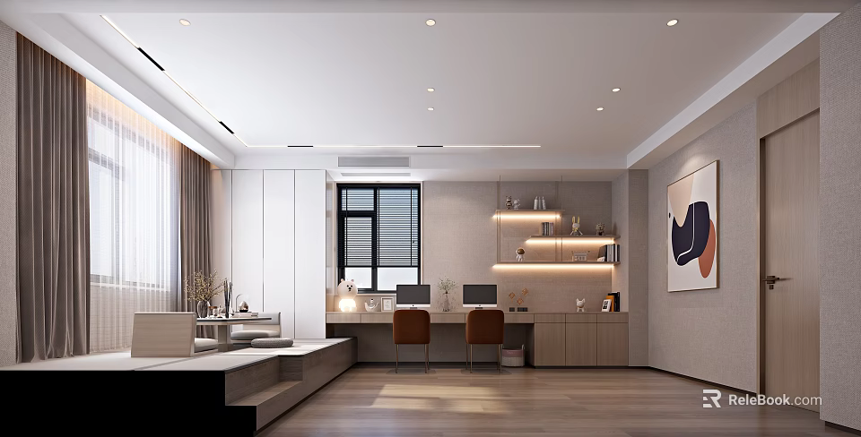 Modern Study Room Interior With Desks Chairs And Shelves 3d model