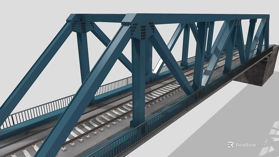 Blue Steel Railway Bridge Structure With Metal Framework And Tracks 3d model 