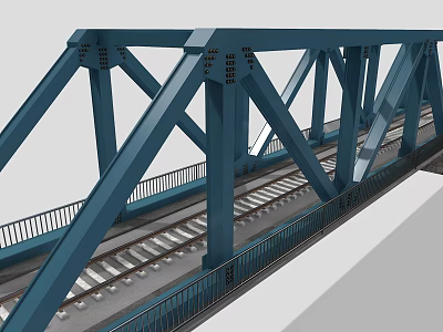 Blue Steel Railway Bridge Structure With Metal Framework And Tracks 3d model