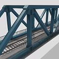 Blue Steel Railway Bridge Structure With Metal Framework And Tracks