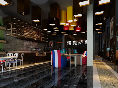 Modern Internet Cafe Interior With Colorful Pendant Lights Tables Computers And Decor 3d model